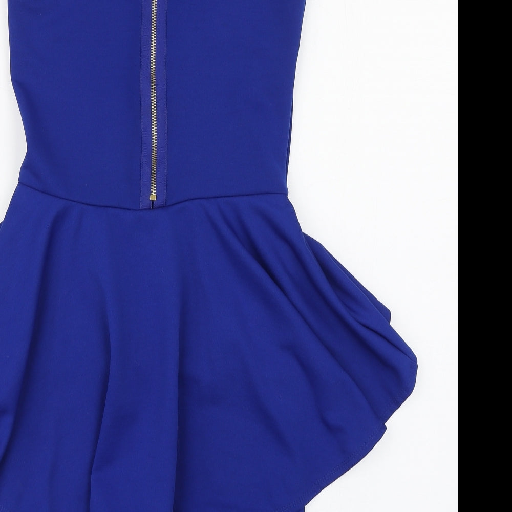 A Wear Womens Blue Polyester Pencil Dress Size 8 Scoop Neck Zip - Hip Ruffle