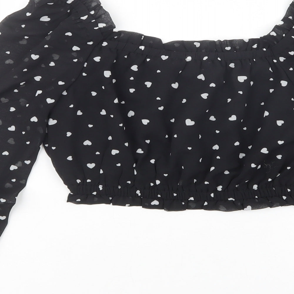New Look Girls Black Polka Dot Polyester Pullover Blouse Size 10 Years Square Neck Pullover