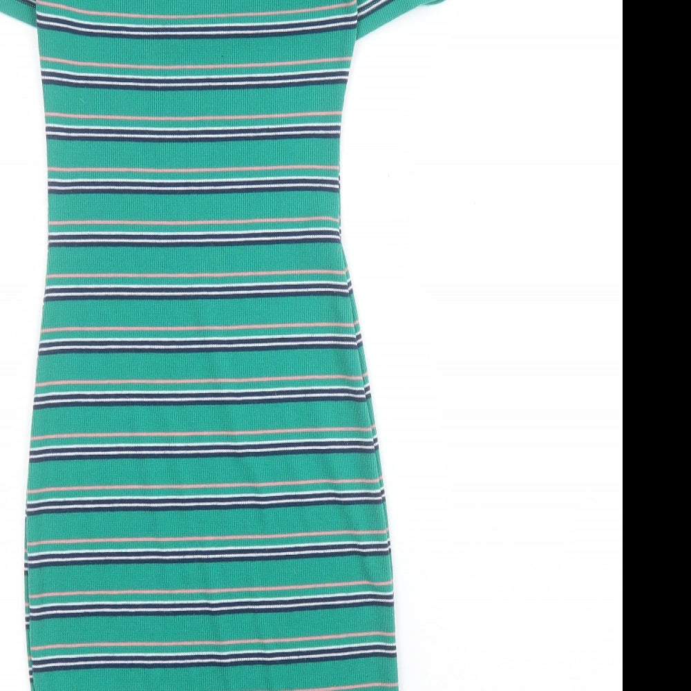 H&M Womens Green Striped Polyester Bodycon Size XS Crew Neck Pullover - Ribbed