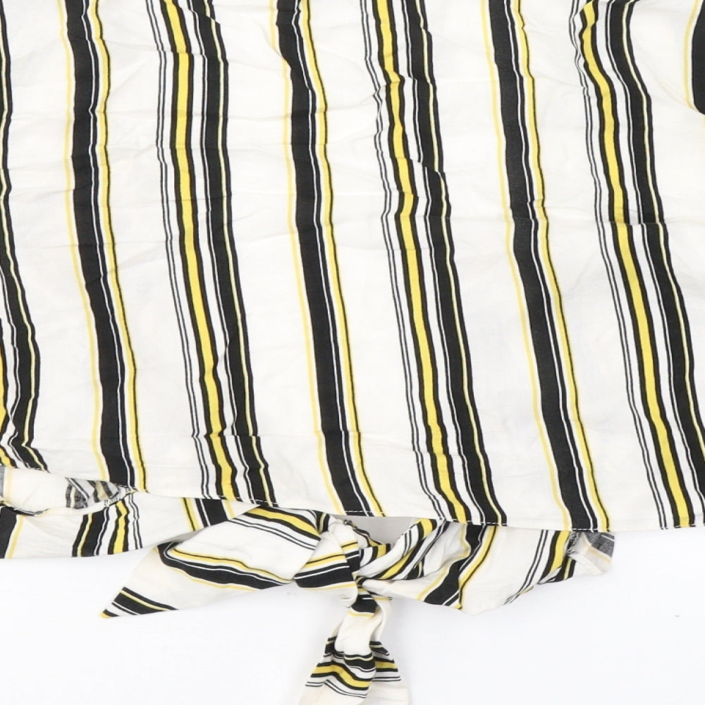 New Look Womens White Striped Cotton Cropped Blouse Size 12 V-Neck - tie detail