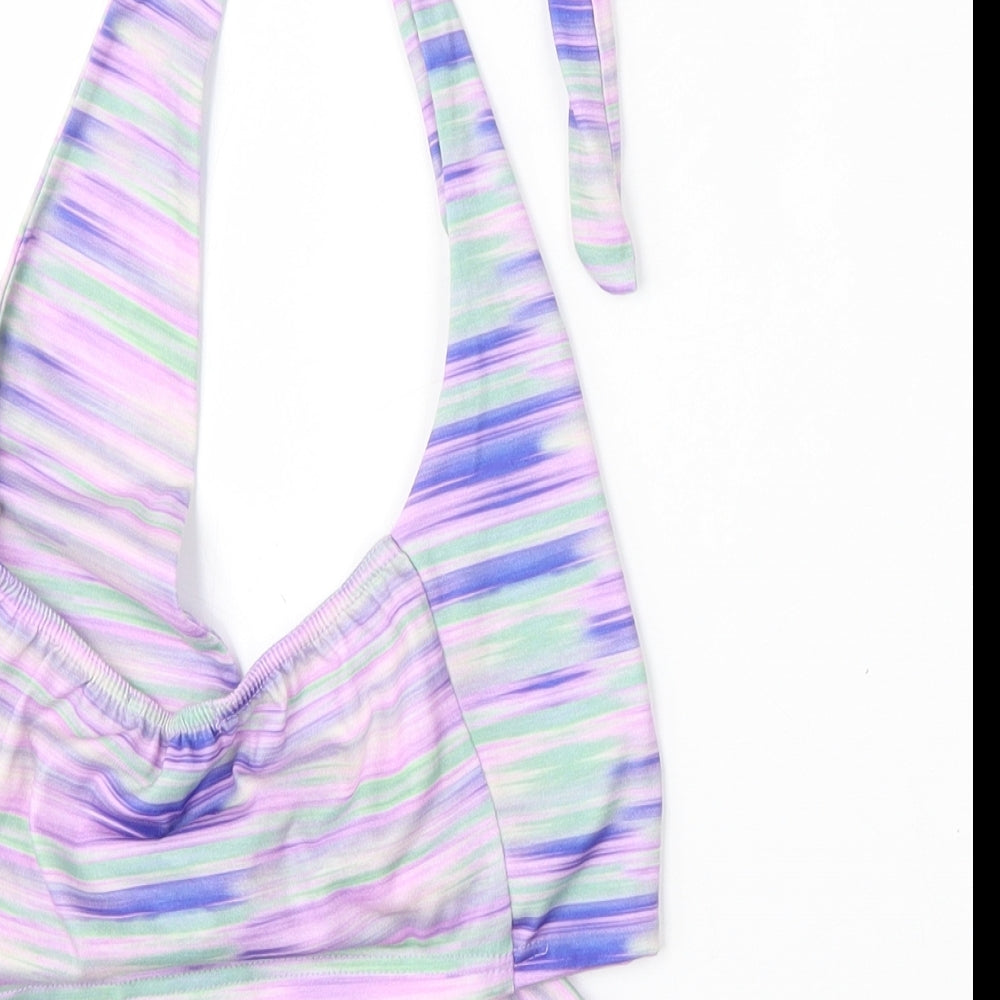 PRETTYLITTLETHING Womens Multicoloured Striped Polyester Basic Blouse Size 6 Round Neck