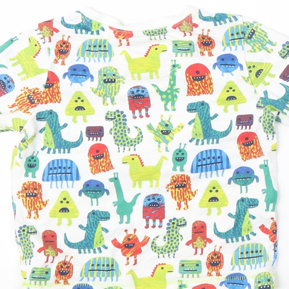Mini Club Boys White Geometric Cotton Basic T-Shirt Size 12-18 Months Round Neck - dinosaur