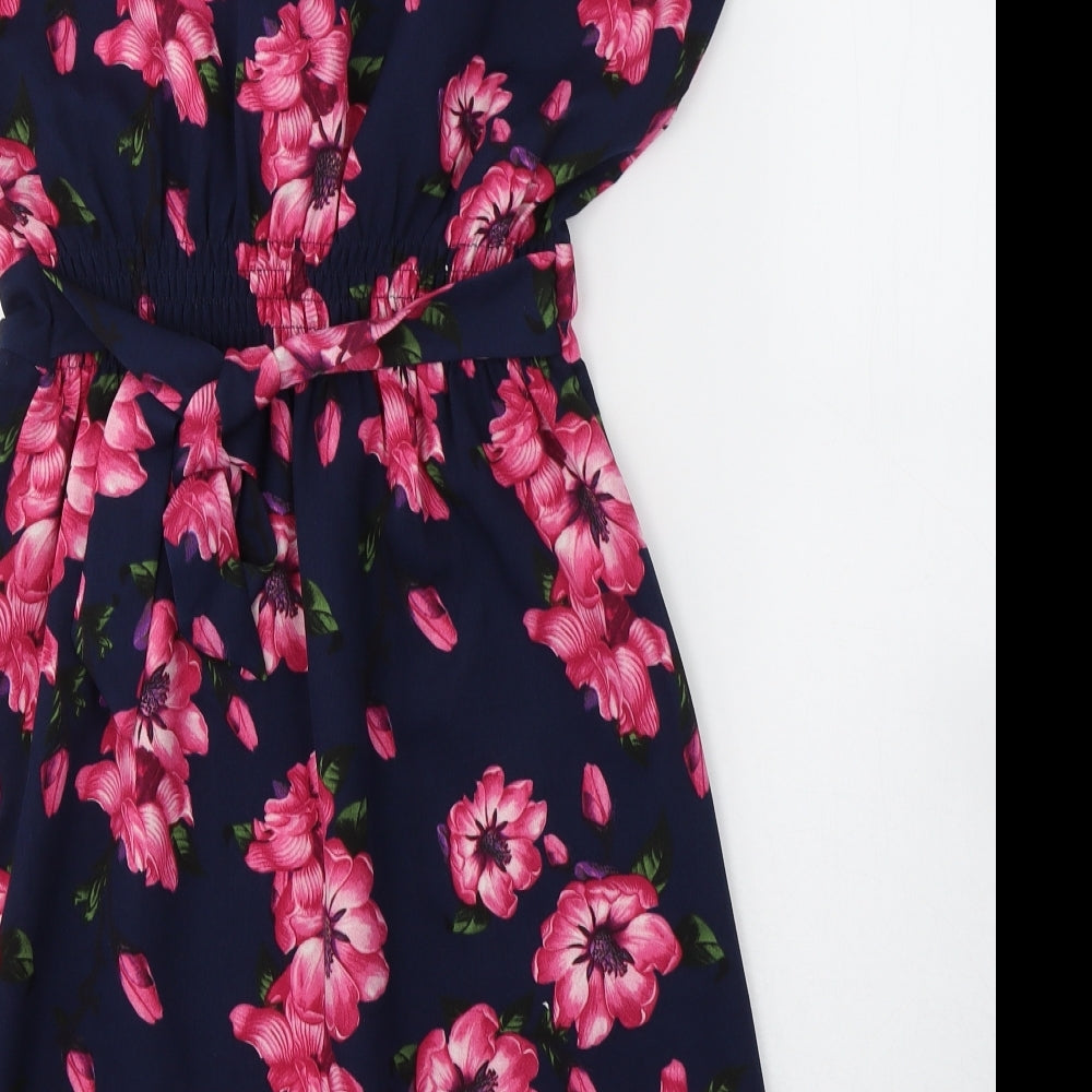 BLUE VANILLA Womens Blue Floral Polyester Fit & Flare Size 8 V-Neck Pullover