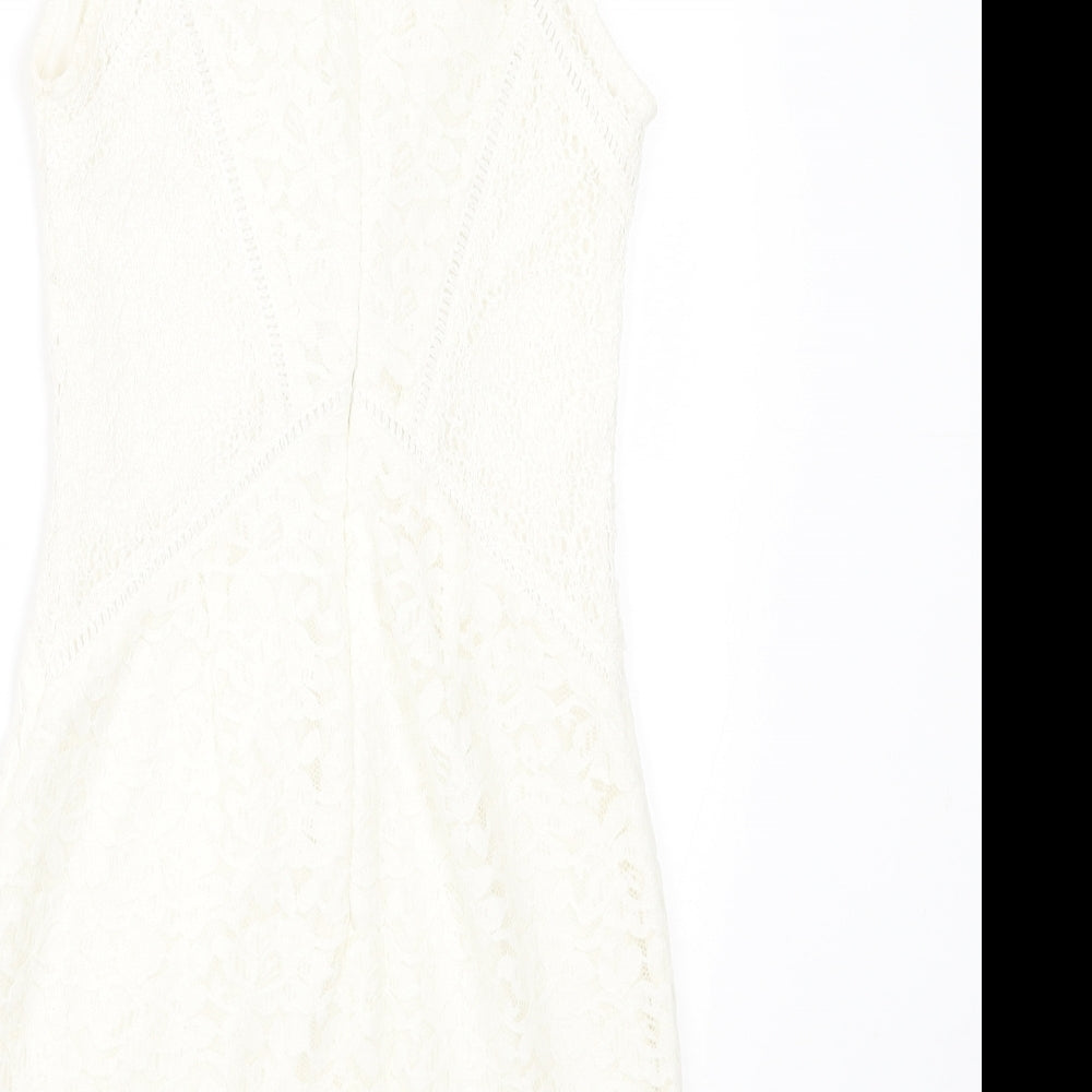 Topshop Womens White Nylon Bodycon Size 6 Crew Neck Zip