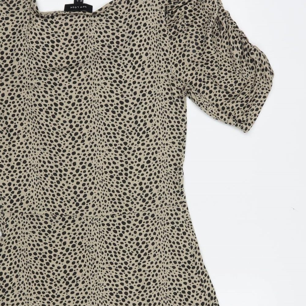 New Look Womens Beige Animal Print Viscose Fit & Flare Size 8 Square Neck Pullover