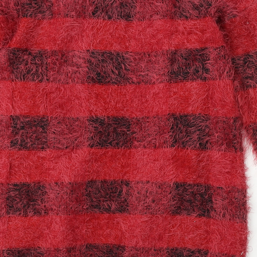 ESMARA Womens Red Round Neck Check Polyamide Cardigan Jumper Size S