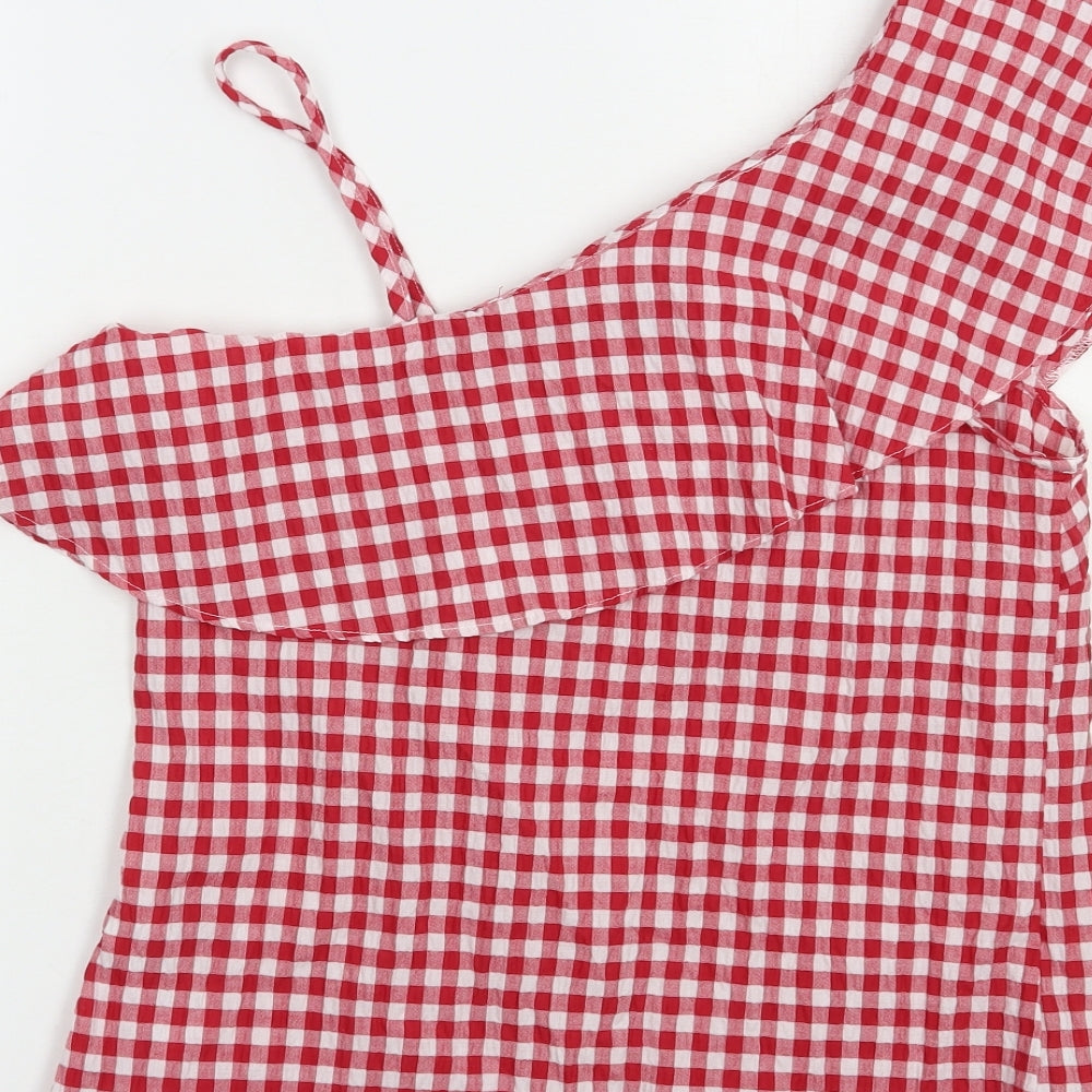 New LKook Womens Red Check Polyester Basic Blouse Size 8 One Shoulder