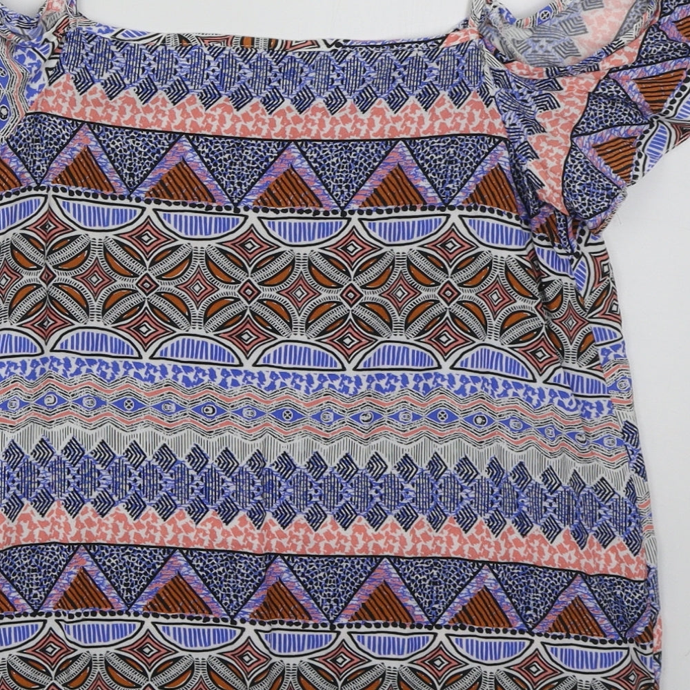 New Look Womens Blue Geometric Viscose Basic Blouse Size 6 V-Neck