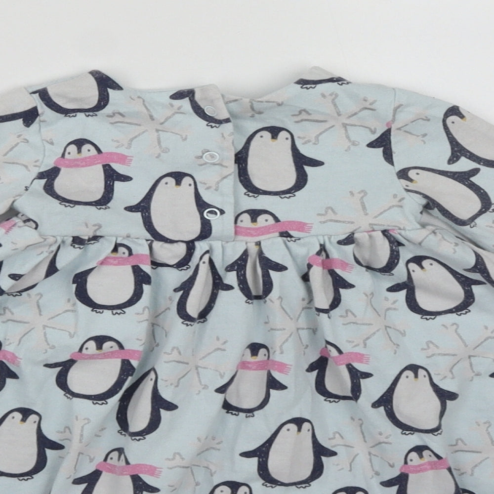 Marks & Spencer Girls Blue Cotton Fit & Flare Size 3-6 Months Round Neck Snap - Penguins