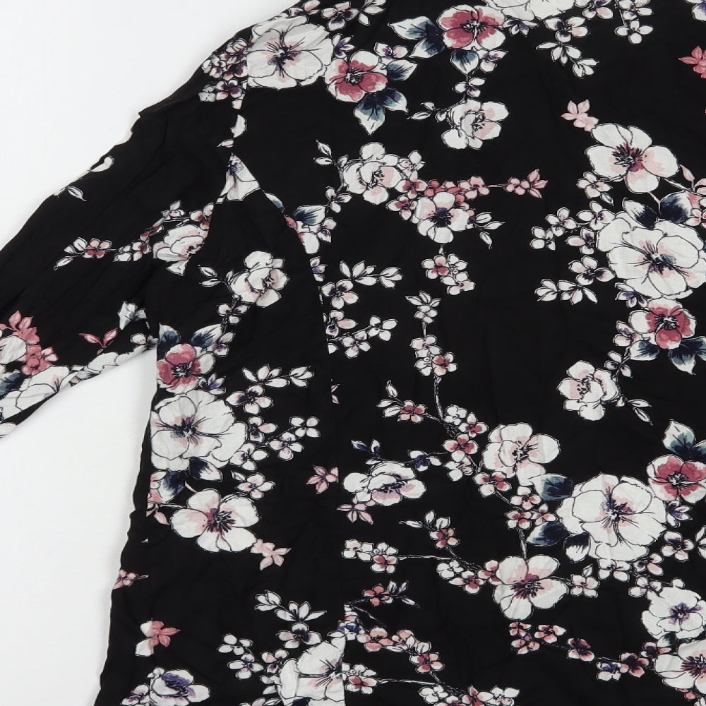 Peacocks Womens Black Floral Viscose Kimono Blouse Size 12 V-Neck