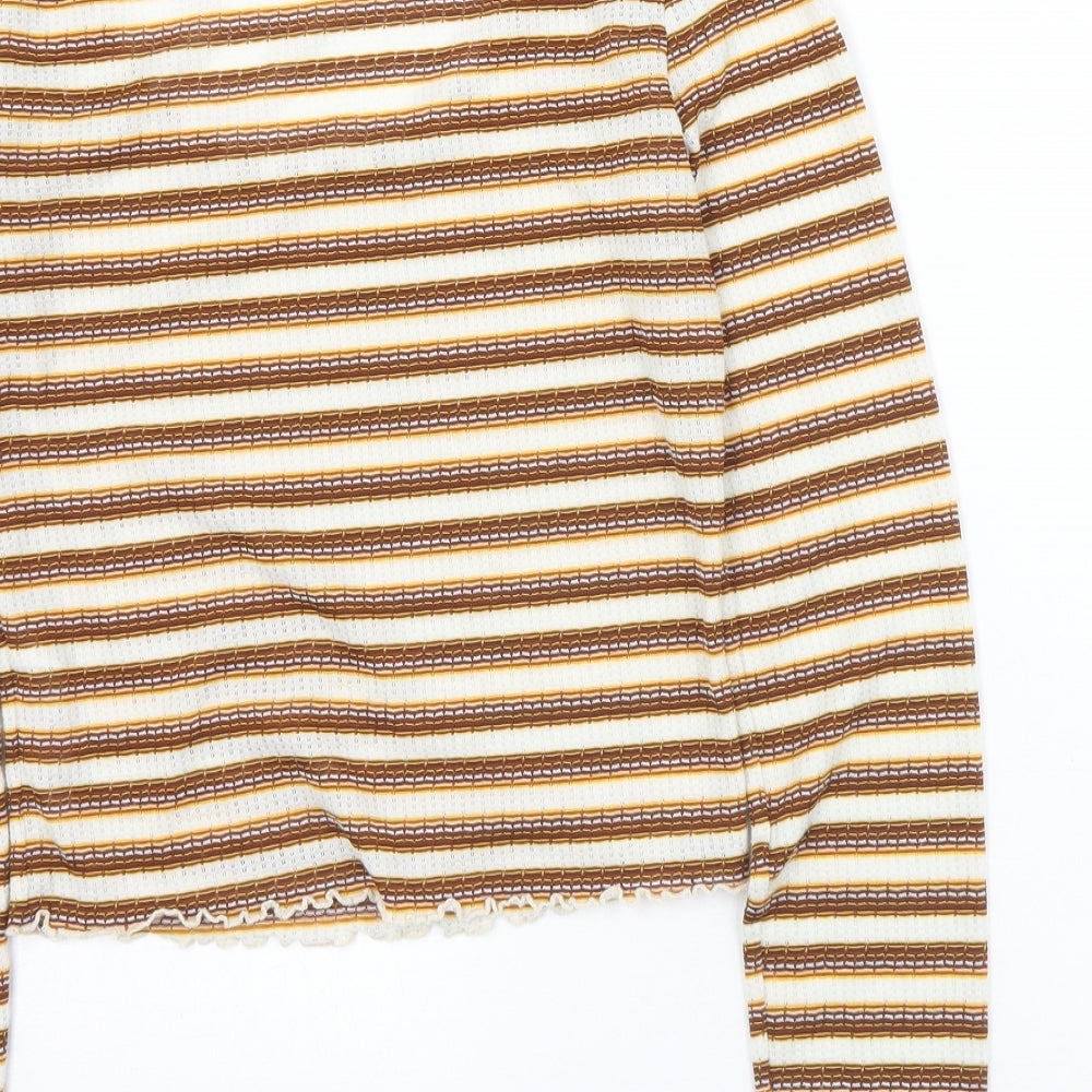 Miss Selfridge Womens Brown Striped Polyester Cropped T-Shirt Size 8 Round Neck