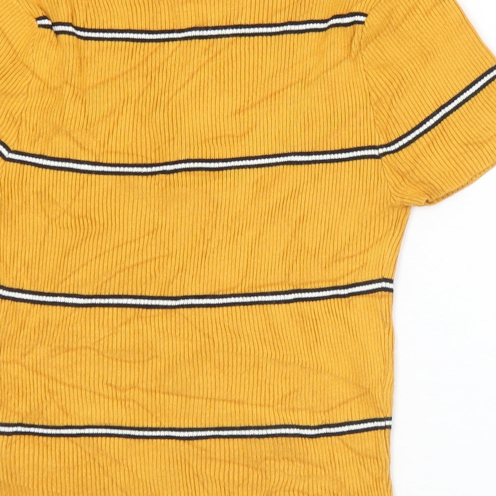 FOREVER 21 Womens Yellow Striped Polyamide Cropped Button-Up Size M Scoop Neck