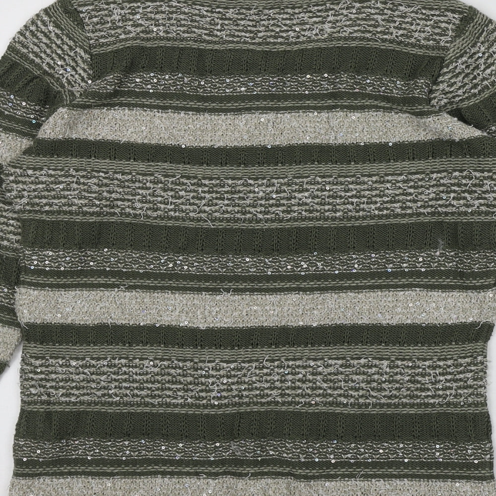 MONA Womens Green Round Neck Striped Cotton Pullover Jumper Size 14