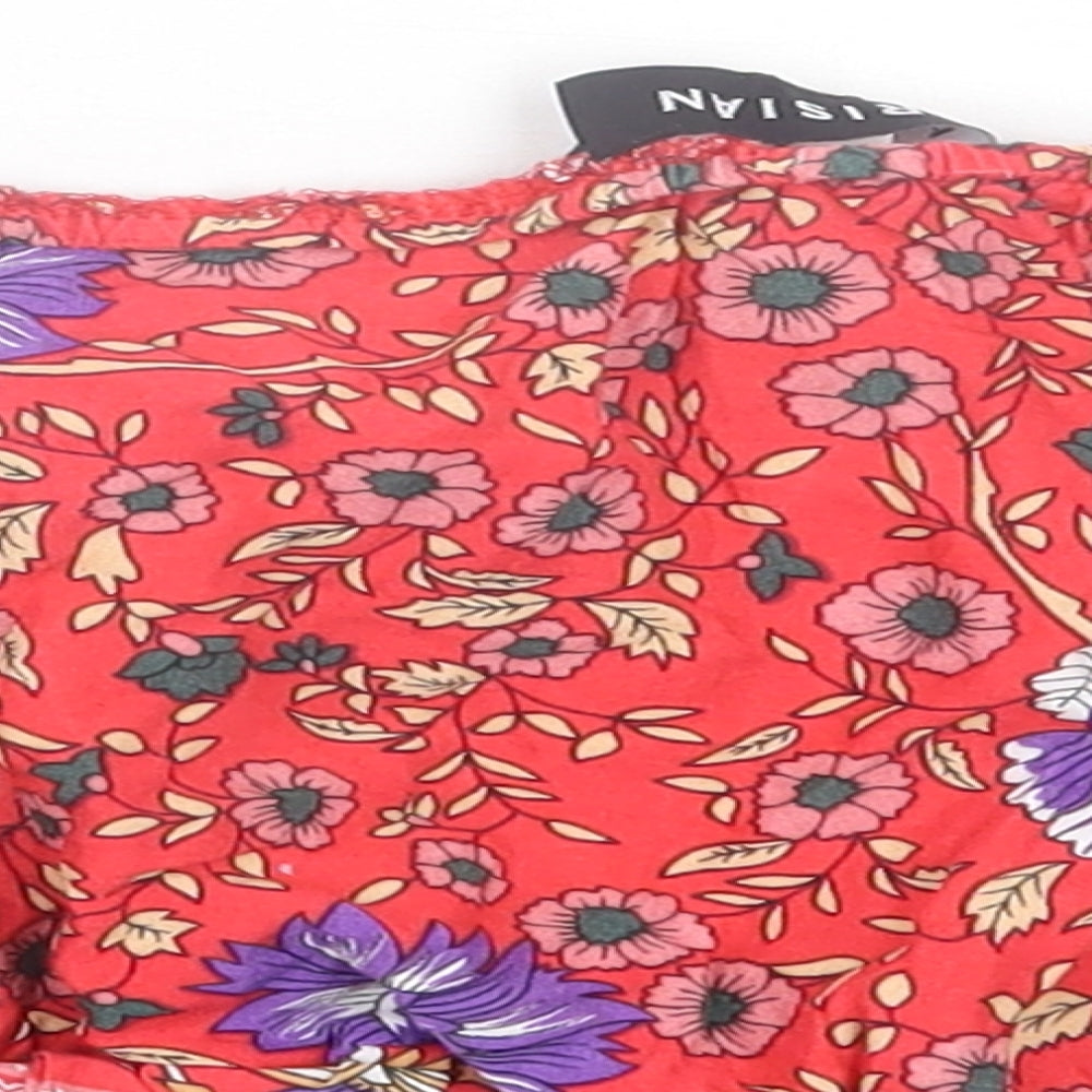 Parisian Signature Womens Red Floral Viscose Cropped T-Shirt Size 10 Off the Shoulder