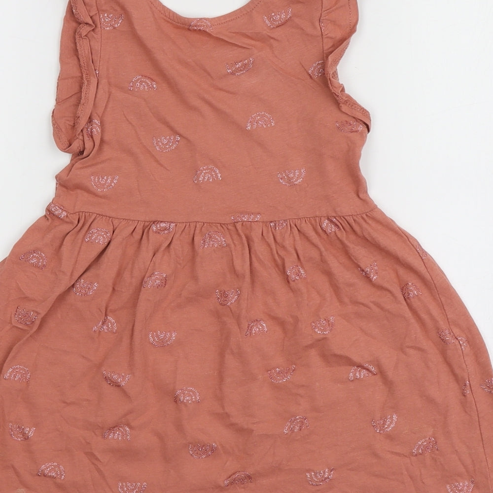 H&M Girls Pink Geometric 100% Cotton Skater Dress Size 2 Years Round Neck - Rainbow Pattern