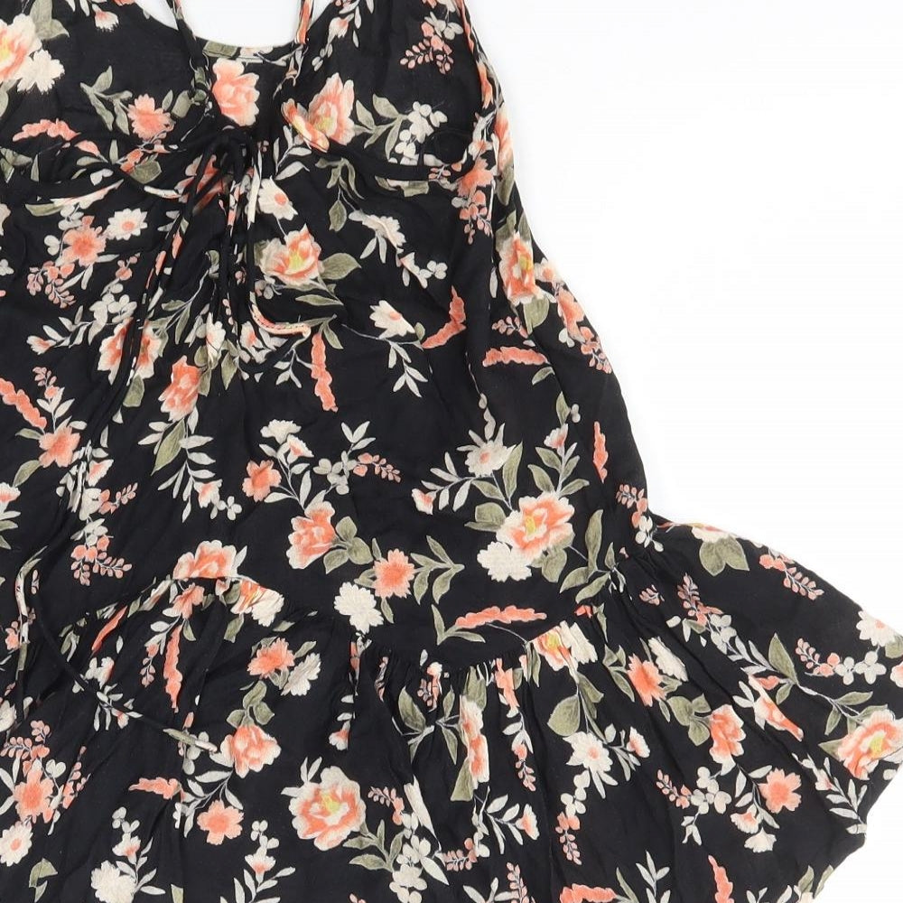 Miss Selfridge Womens Black Floral Viscose Basic T-Shirt Size 8 Scoop Neck