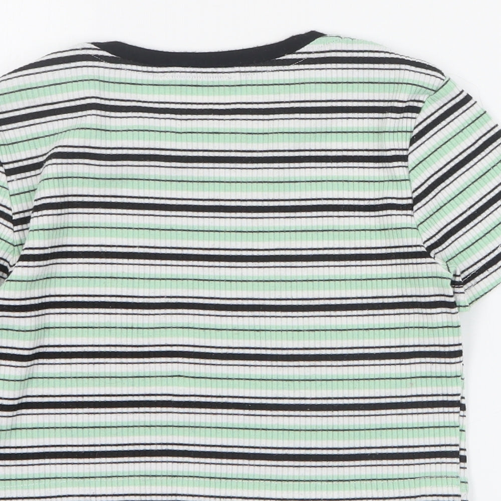SHEIN Girls Green Striped Cotton Basic T-Shirt Size 12 Years Round Neck Pullover - Ribbed