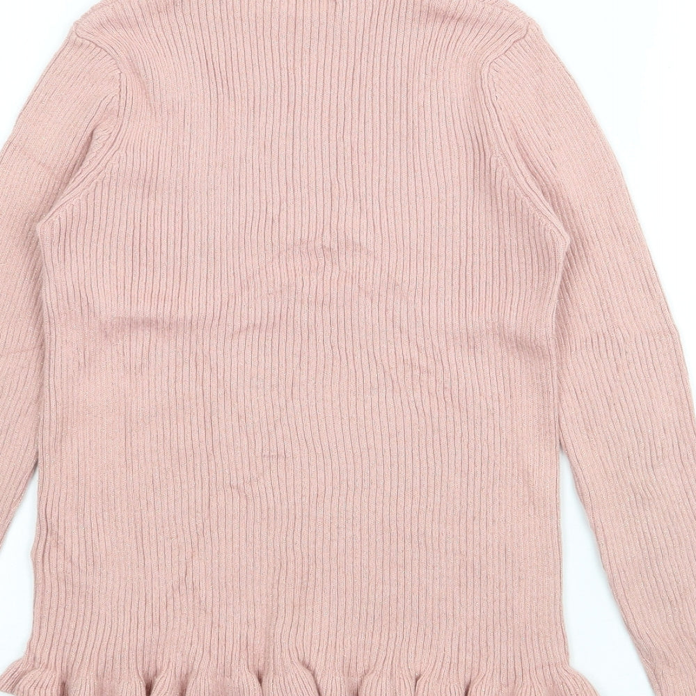 Marks and Spencer Girls Pink Roll Neck Cotton Pullover Jumper Size 9-10 Years