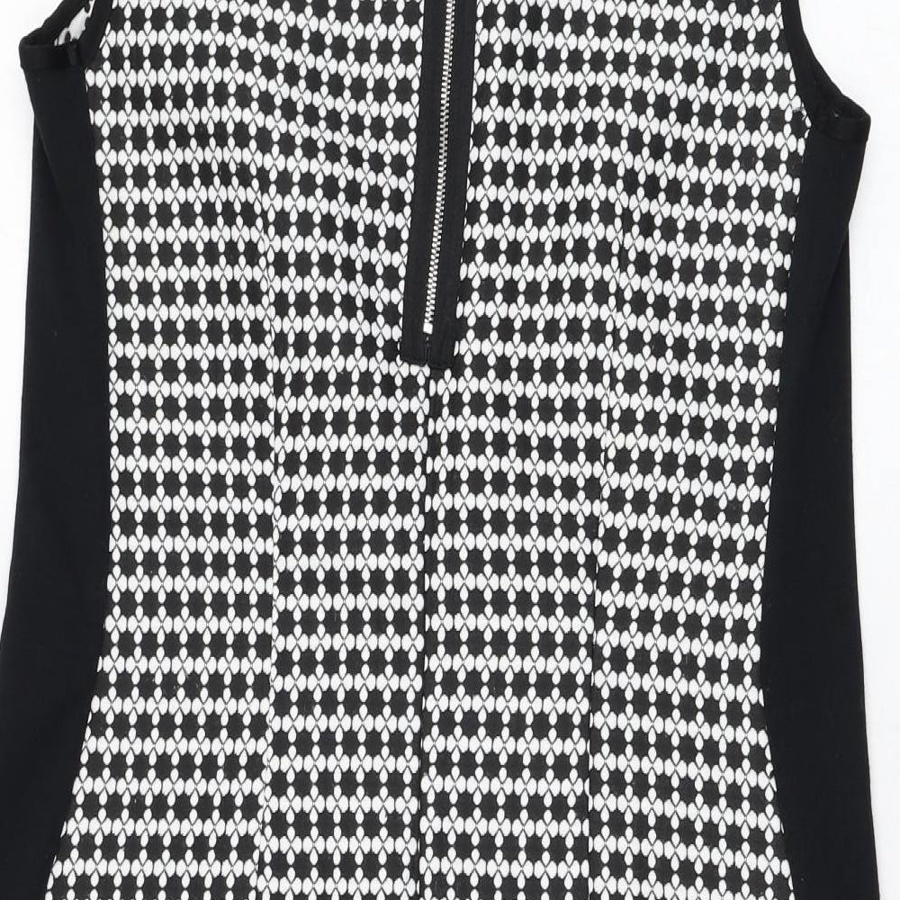 Dunnes Stores Womens Black Geometric Polyester Shift Size 10 Round Neck Zip