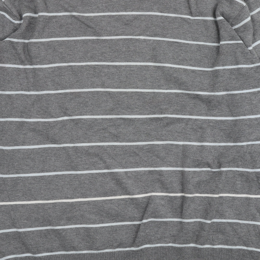 Easy Womens Grey V-Neck Striped 100% Cotton Pullover Jumper Size L
