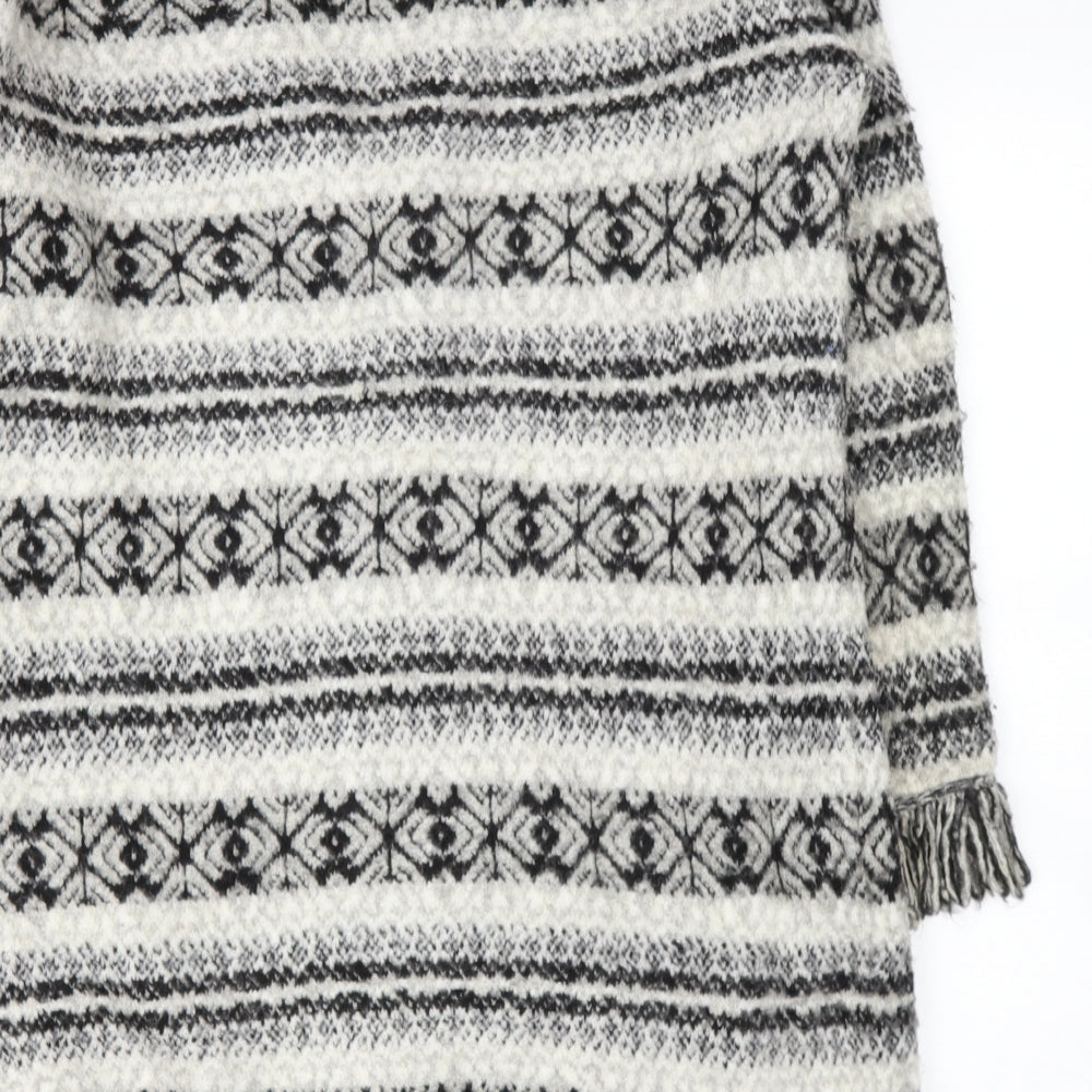 Marks & Spencer Womens Beige Round Neck Geometric Acrylic Wrap Jumper Size L - tassels on bottom
