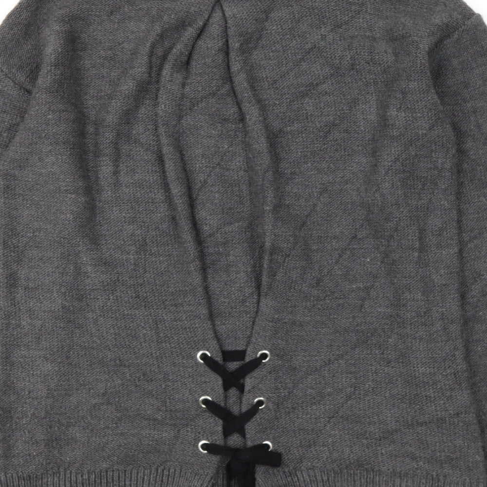 Papaya Womens Grey Round Neck Acrylic Pullover Jumper Size M - lace up detail