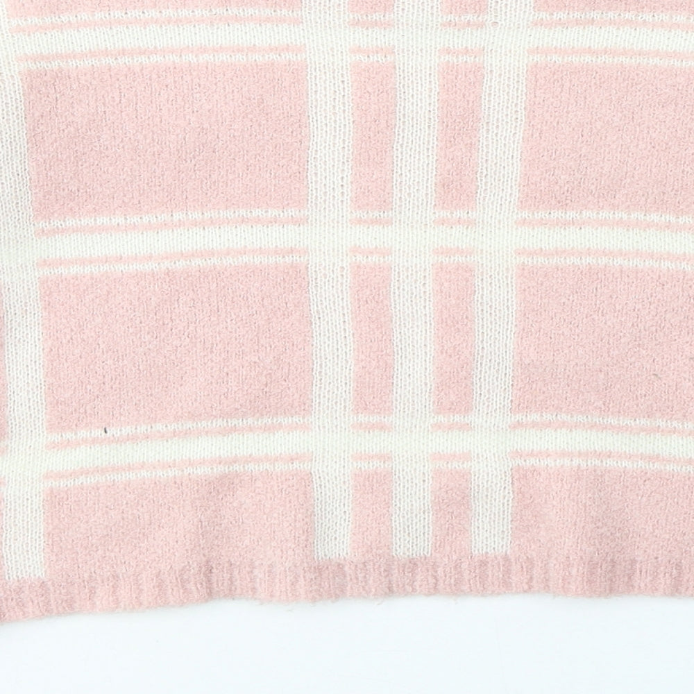 PRETTYLITTLETHING Womens Pink Round Neck Plaid Acrylic Pullover Jumper Size 8 - cropped