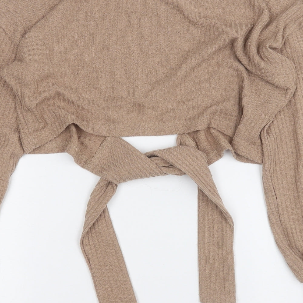 SheIn Womens Brown Polyester Wrap T-Shirt Size S Round Neck