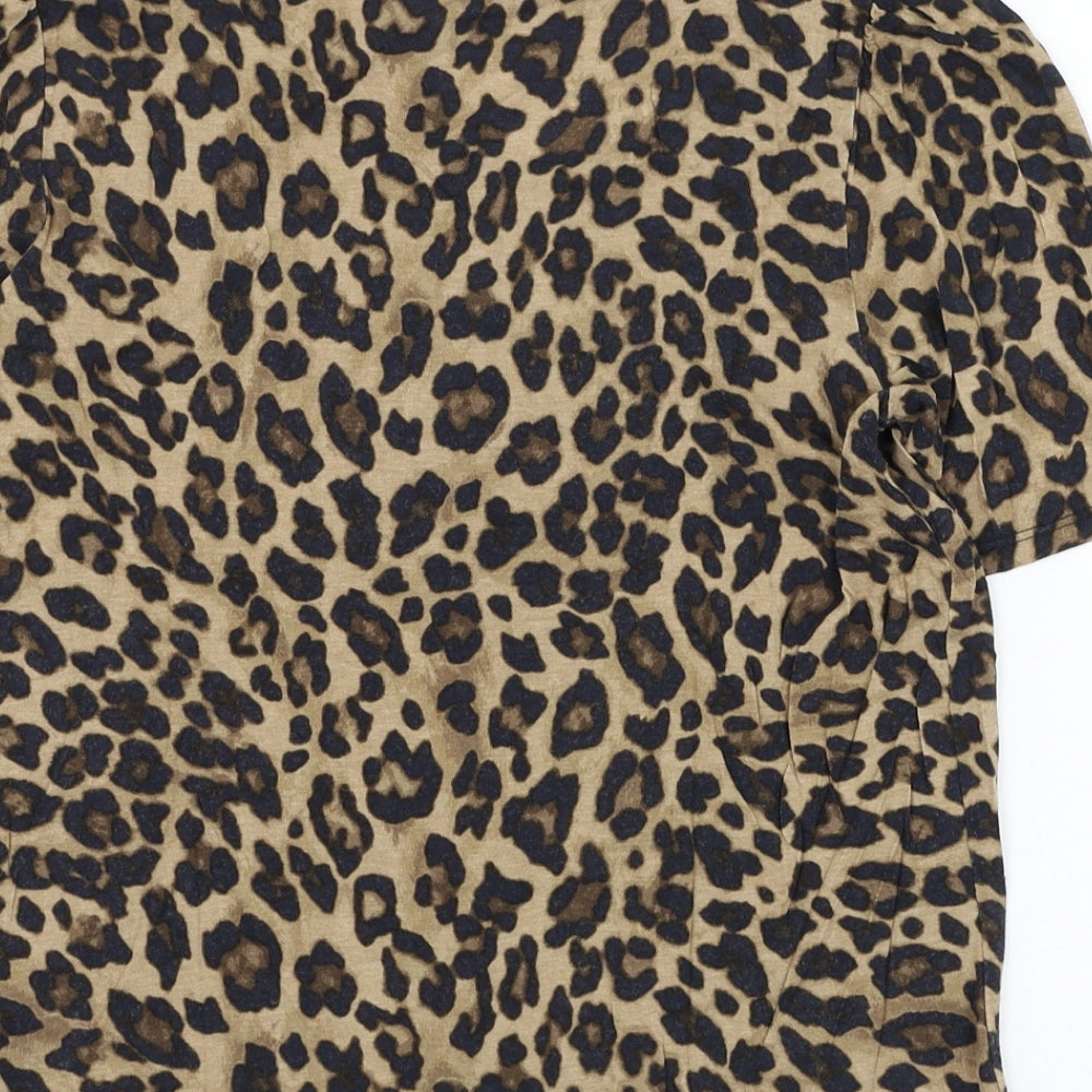 H&M Womens Brown Animal Print Viscose Basic T-Shirt Size S Round Neck
