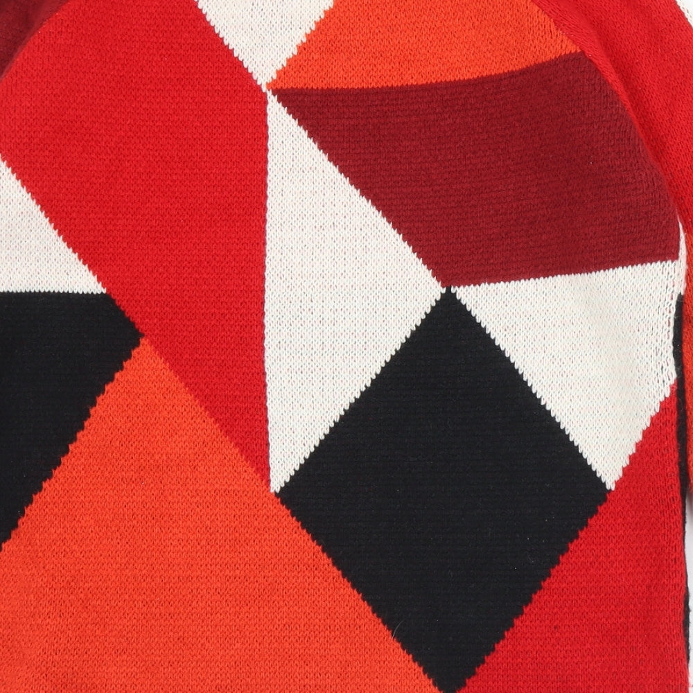 Cashel Womens Red Round Neck Geometric Acrylic Pullover Jumper Size M