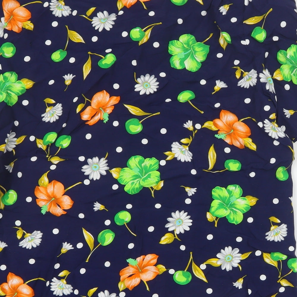 St Roma Womens Blue Floral Viscose Basic Button-Up Size 14 Round Neck