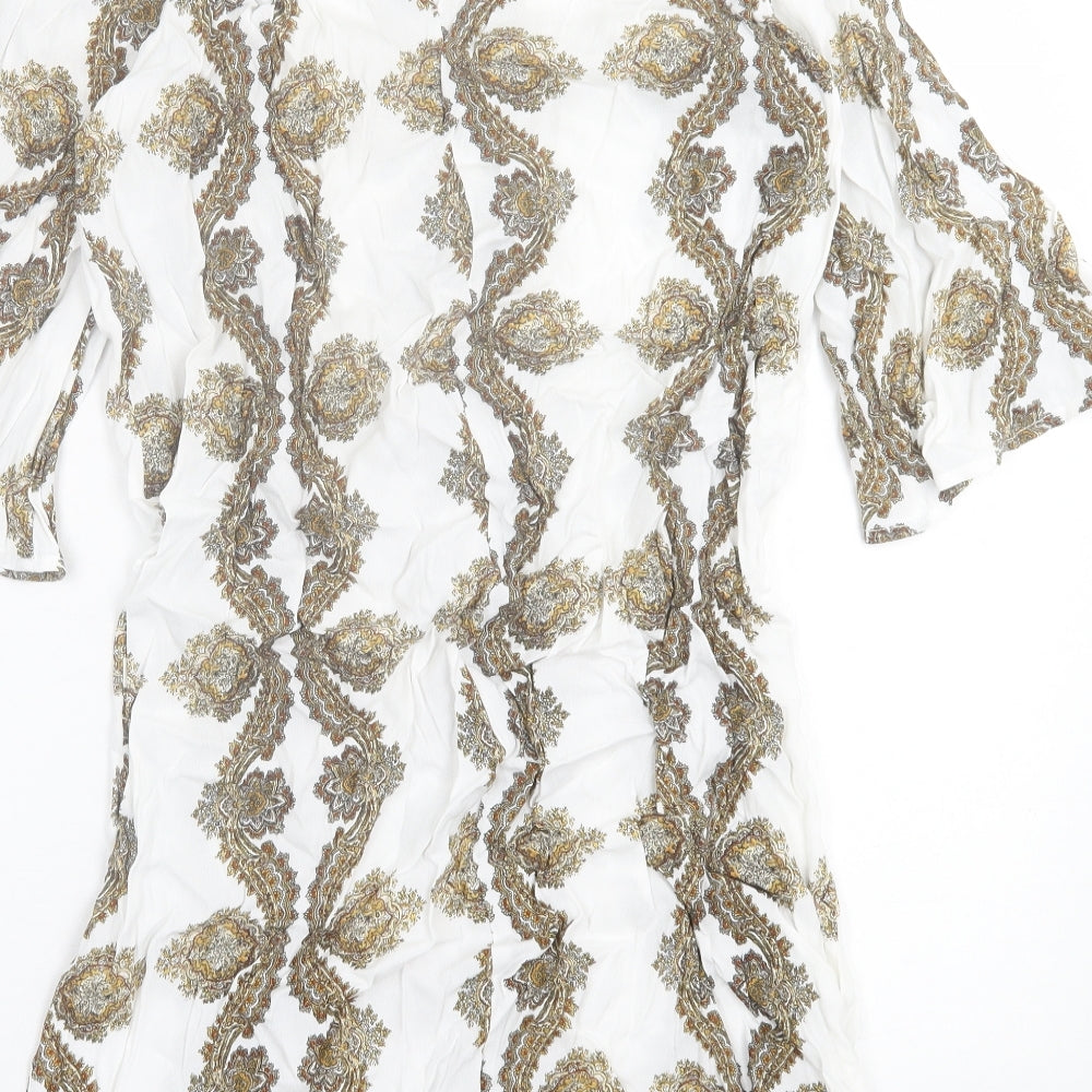 H&M Womens White Geometric Viscose A-Line Size 8 Crew Neck Button