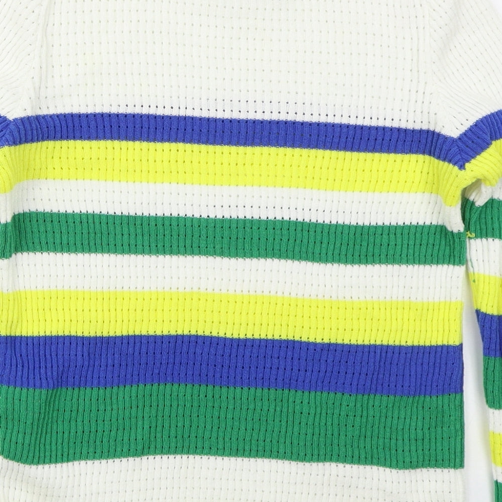Stradivarius Womens White Crew Neck Striped Cotton Shrug Jumper Size M - Green and Yellow