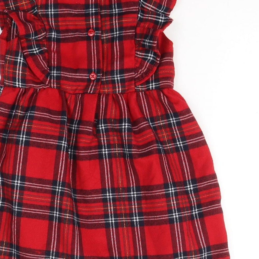Primark Girls Red Plaid Cotton A-Line Size 18-24 Months Round Neck Button