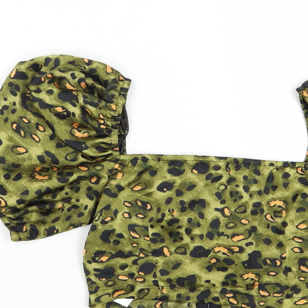 Naanaa Womens Green Animal Print Polyester Cropped Blouse Size 6 Square Neck