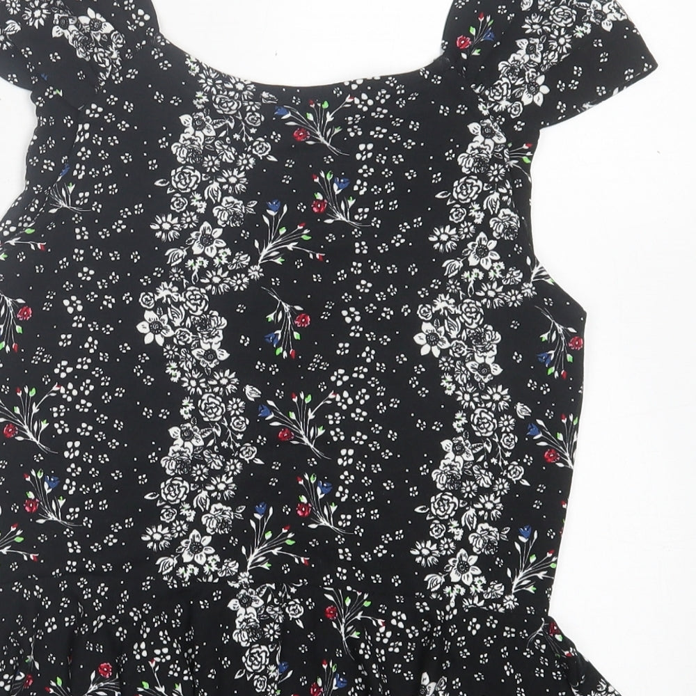 River Island Womens Black Floral Viscose Basic T-Shirt Size 8 V-Neck