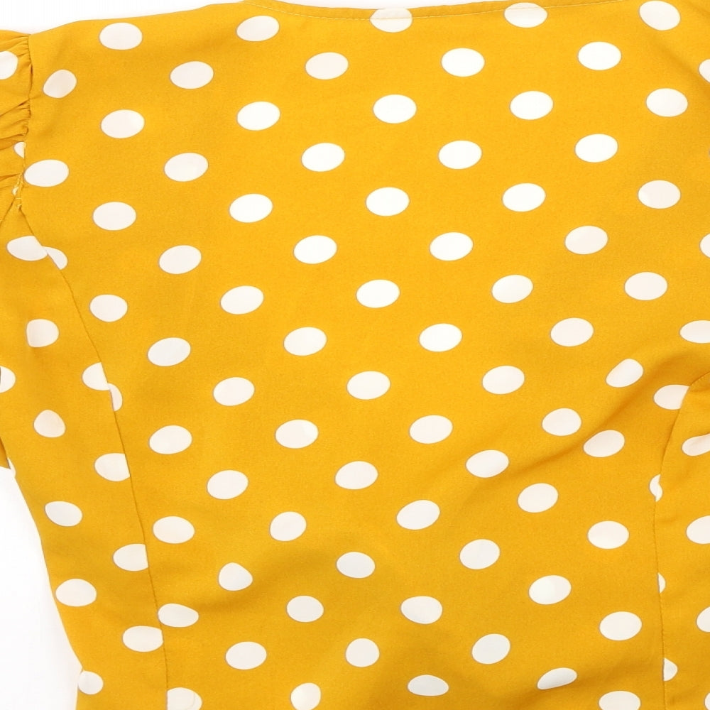 Preworn Womens Yellow Polka Dot Polyester Basic Blouse Size L V-Neck