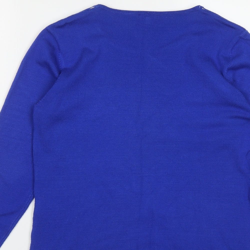 Text Womens Blue Round Neck Geometric Acrylic Pullover Jumper Size M
