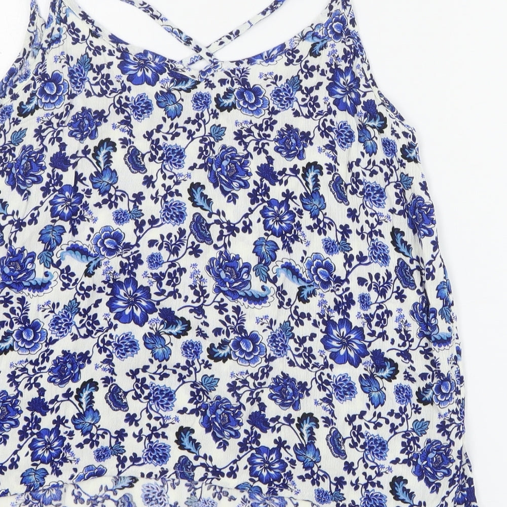 H&M Womens White Floral Viscose Basic Tank Size 8 V-Neck