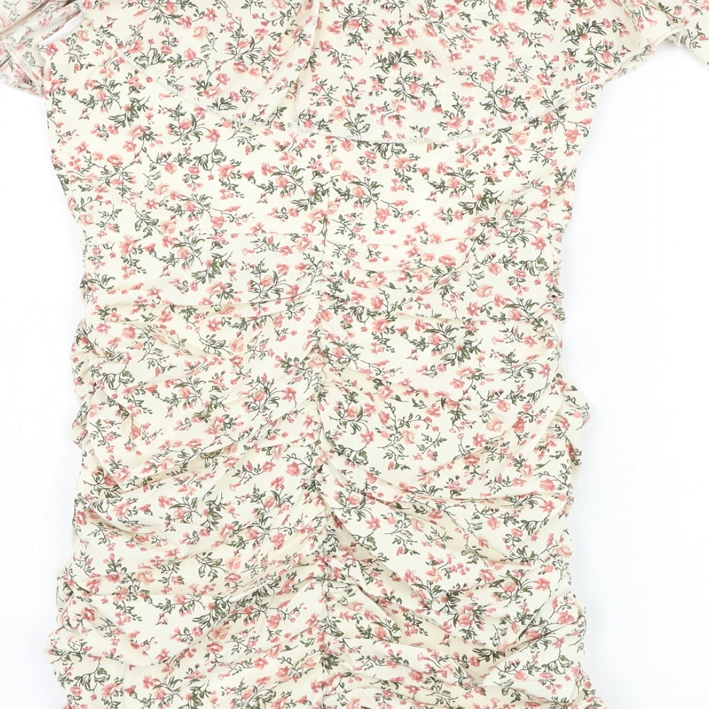 Nasty Gal Womens Beige Floral Polyester Pencil Dress Size 8 Off the Shoulder Zip