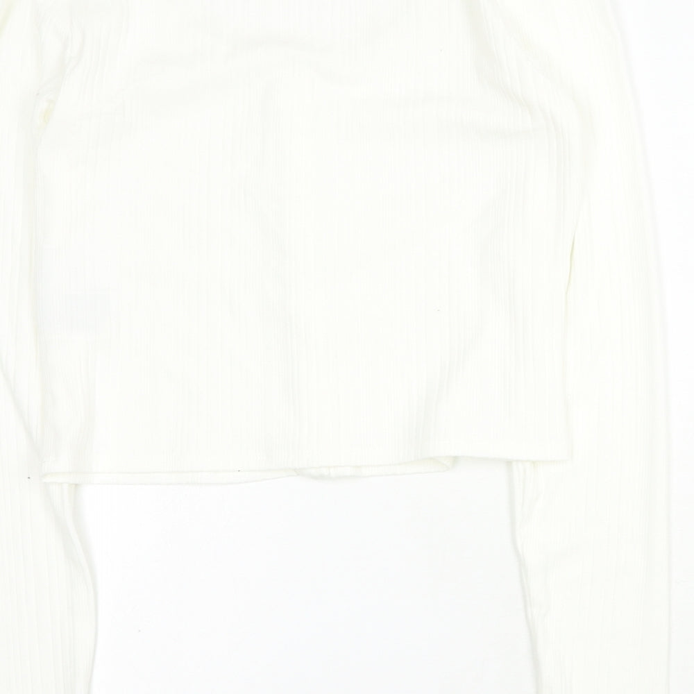 H&M Womens White Polyester Cropped T-Shirt Size L Round Neck - Ribbed