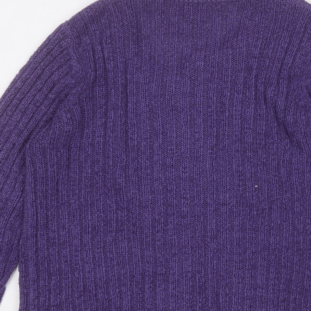 Classic Womens Purple Round Neck Acrylic Cardigan Jumper Size M