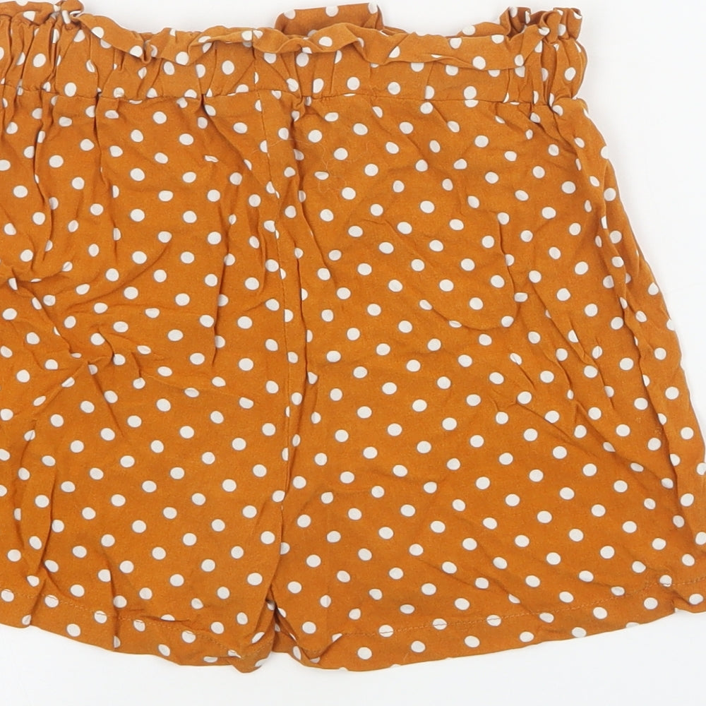 Primark Womens Orange Polka Dot Viscose Paperbag Shorts Size 6 Regular Drawstring