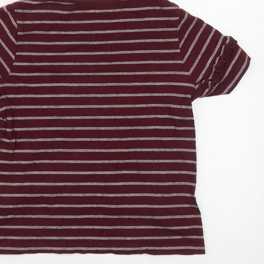 Marks & Spencer Girls Red Striped Cotton Basic T-Shirt Size 8-9 Years Round Neck - Shoulder Detail