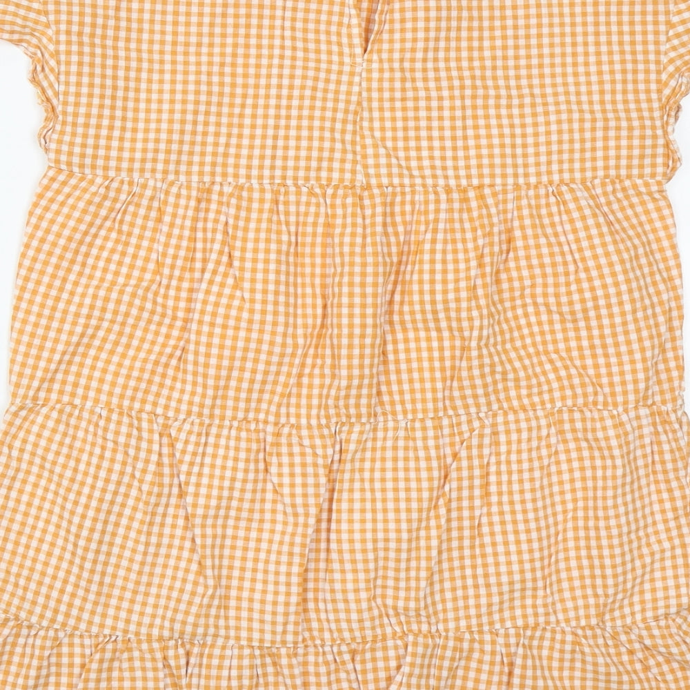 Preworn Womens Orange Plaid Polyester Basic Blouse Size S Round Neck