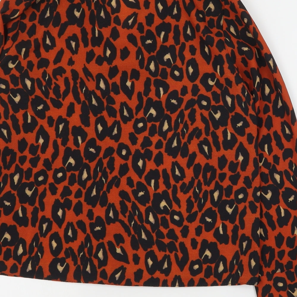 New Look Womens Orange Animal Print Polyester Basic Blouse Size 6 Collared