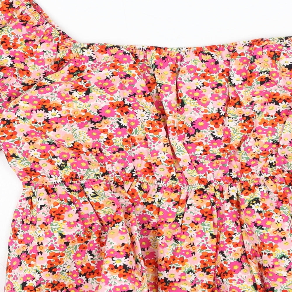 New Look Womens Red Floral Cotton Cropped Blouse Size 8 Square Neck