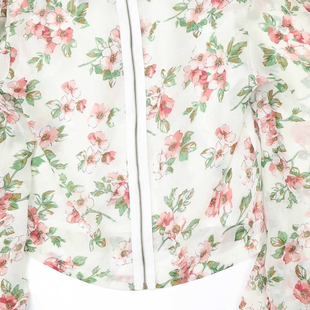 Angel Eye Womens White Floral Polyester Basic Blouse Size S Round Neck