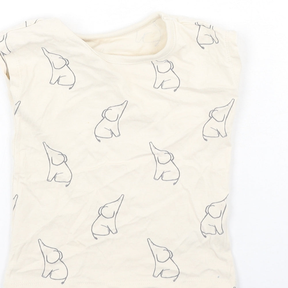 George Baby Beige Cotton Basic T-Shirt Size 9-12 Months Round Neck - Elephants