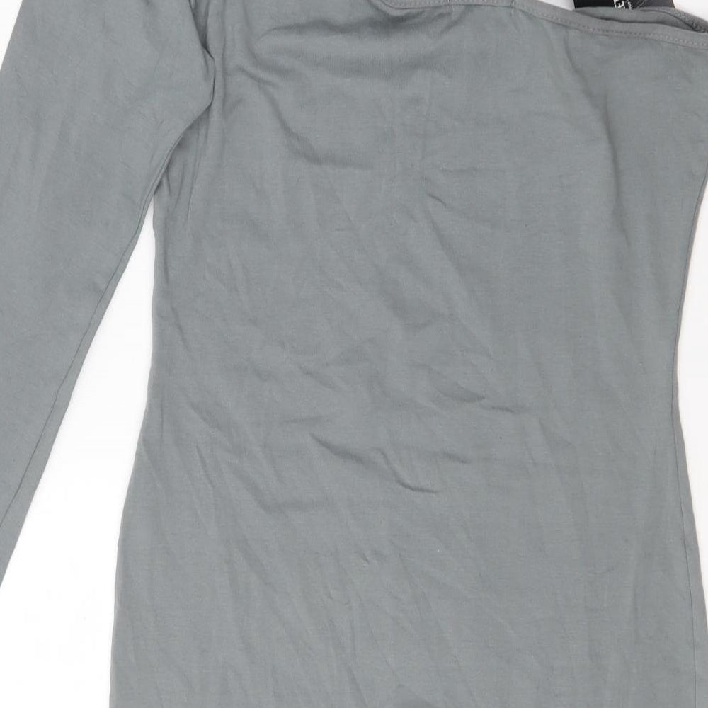 PRETTYLITTLETHING Womens Grey Cotton Bodycon Size 14 One Shoulder